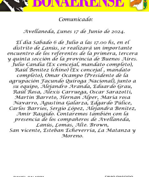 CONFIRMADO: «NUCLEO POLITICO BONAERENSE», SE REUNIRA EN LANUS EL SABADO 6 DE JULIO