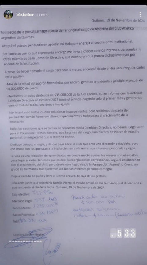 RENUNCIÓ EL TESORERO DE ARGENTINO DE QUILMES DENUNCIANDO GRAVES IRREGULARIDADES