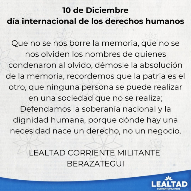 CM LEALTAD BERAZATEGUI ADHIERE AL DIA INTERNACIONAL DE LOS DERECHOS HUMANOS