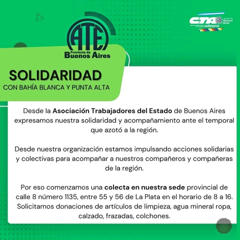 ATE QUILMES INICIÓ CAMPAÑA SOLIDARIA POR BAHIA BLANCA