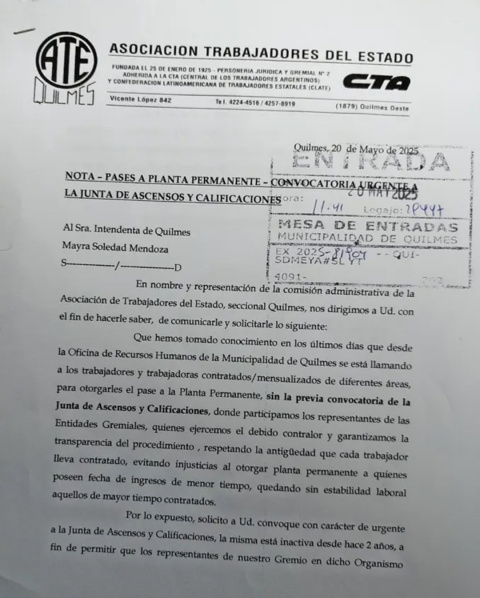 ATE QUILMES PIDIÓ UNA JUNTA VEEDORA POR PASES A PLANTA