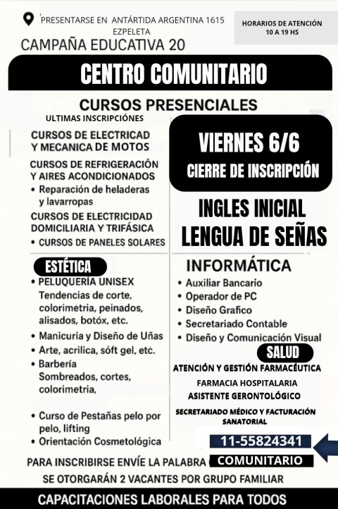 INSCRIBITE HOY EN LOS CURSOS DE ESTETICA, MECANICA, INFORMATICA, SALUD Y MAS…