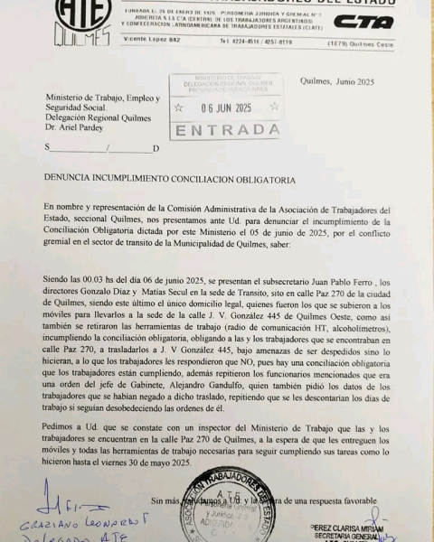 ATE QUILMES APELÓ EN MINISTERIO DE TRABAJO LA CONCILIACIÓN