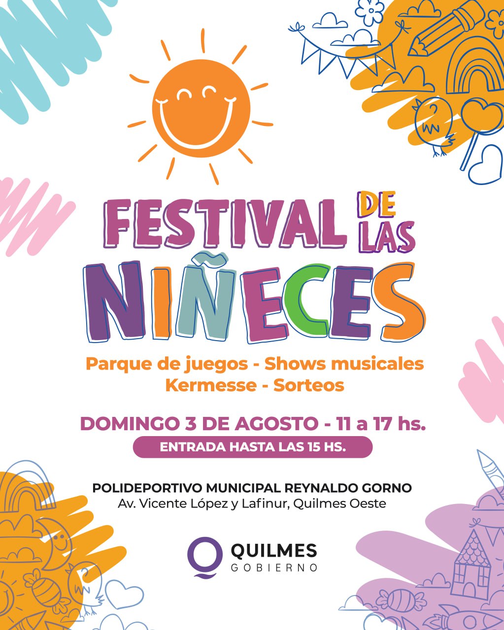 FESTIVAL DE LAS NIÑECES: ESTE DOMINGO 3 DE AGOSTO CON ENTRADA LIBRE Y GRATUITA EN EL POLIDEPORTIVO MUNICIPAL REYNALDO GORNO
