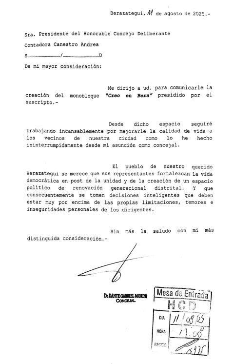 EL CONCEJAL DANTE MORINI SE FUE DE LLA Y ARMÓ BLOQUE PROPIO EN BERAZATEGUI