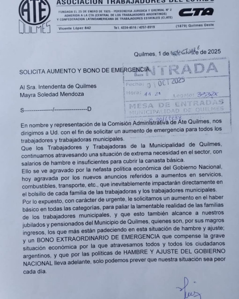 ATE QUILMES PIDIO AUMENTO PARA MUNICIPALES