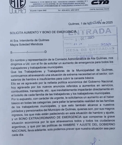 ATE QUILMES FUE EL ÚNICO GREMIO QUE PIDIÓ AUMENTO Y BONO