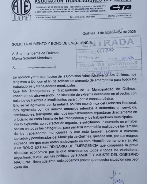 ATE QUILMES FUE EL ÚNICO GREMIO QUE PIDIÓ AUMENTO Y BONO