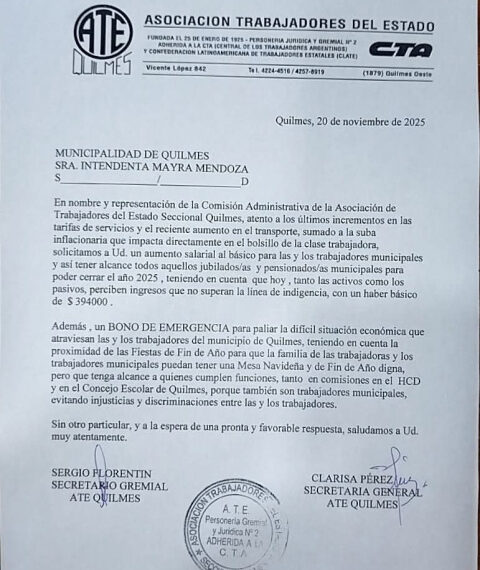 ATE QUILMES PIDIÓ AUMENTO Y BONO POR NAVIDAD