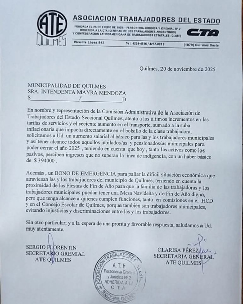 ATE QUILMES PIDIÓ AUMENTO Y BONO POR NAVIDAD