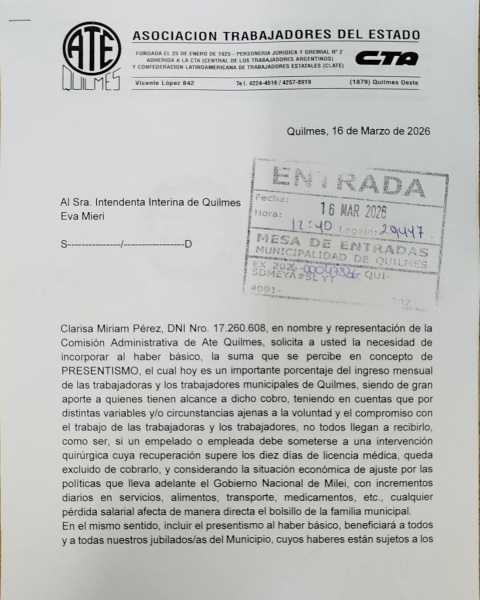ATE QUILMES PIDIÓ A LA INTENDENCIA  QUE EL PRESENTISMO PASE AL BÁSICO