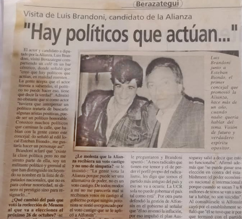 BRANDONI : «ME GUSTARIA HACER UNA OBRA DE UN POLITICO OPOSITOR Y HONESTO COMO ESTEBAN BIONDO»