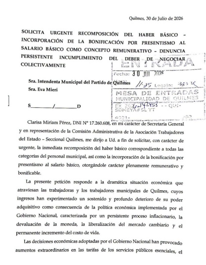 ATE QUILMES PRESENTO UN PEDIDO DE AUMENTO DE EMERGENCIA PARA LOS MUNICIPALES DE QUILMES