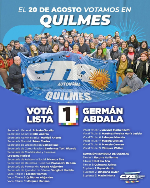 ELECCIONES «CTA A» 20 DE AGOSTO LISTA 1 GERMAN ABDALA