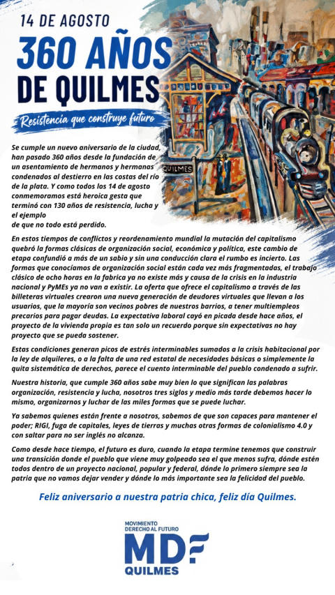 MDF DE QUILMES SALUDA POR 360 ANIVERSARIO DE LA CIUDAD