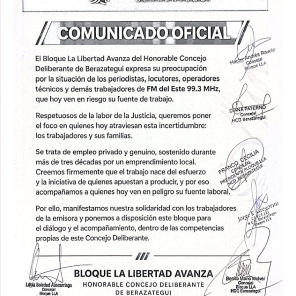 CONCEJALES DE LLA DE BERAZATEGUI SE SOLIDARIZAN CON FM DEL ESTE