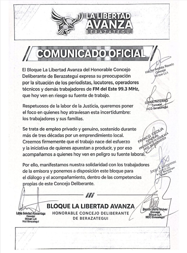 CONCEJALES DE LLA DE BERAZATEGUI SE SOLIDARIZAN CON FM DEL ESTE