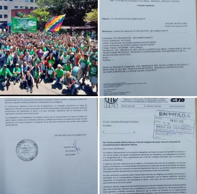 ATE QUILMES PIDIO AUMENTO Y UN BONO PARA LOS TRABAJADORES DE ESA MUNICIPALIDAD