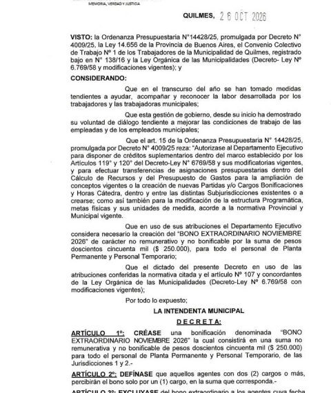 ATE QUILMES ANUNCIO DE BONO PARA LAS Y LOS MUNICIPALES DE QUILMES
